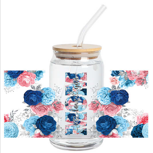 Cup Wrap UV DTF Stickers - Mom Blue flowers Libbey cup Wrap