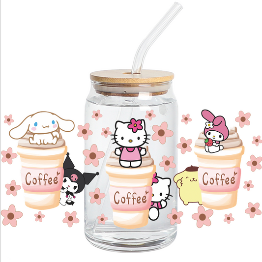 UV DTF Stickers Wraps - Pink Coffee Cats and flowers Libbey cup Wrap