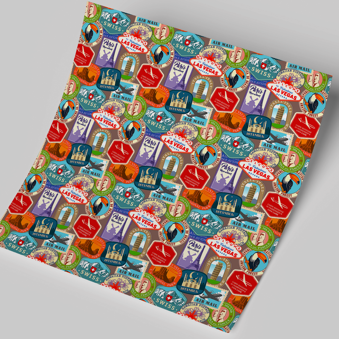 Printed Vinyl Sheet 12x12 " Permanent Vinyl - Travel Stamps