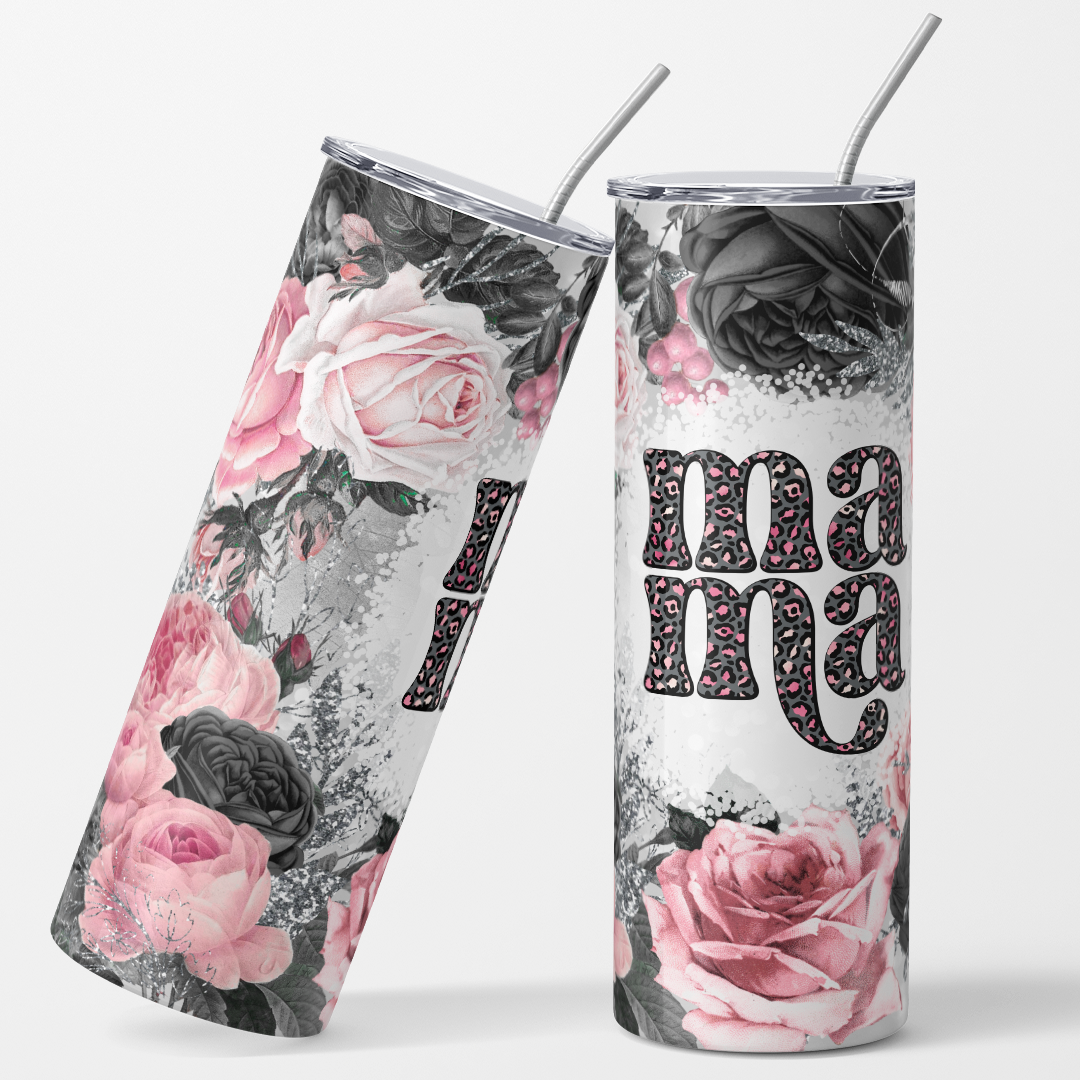 Wrap - Printed Vinyl Sheet Pink silver flowers MAMA 20oz Straight Tumbler wrap Vinyl