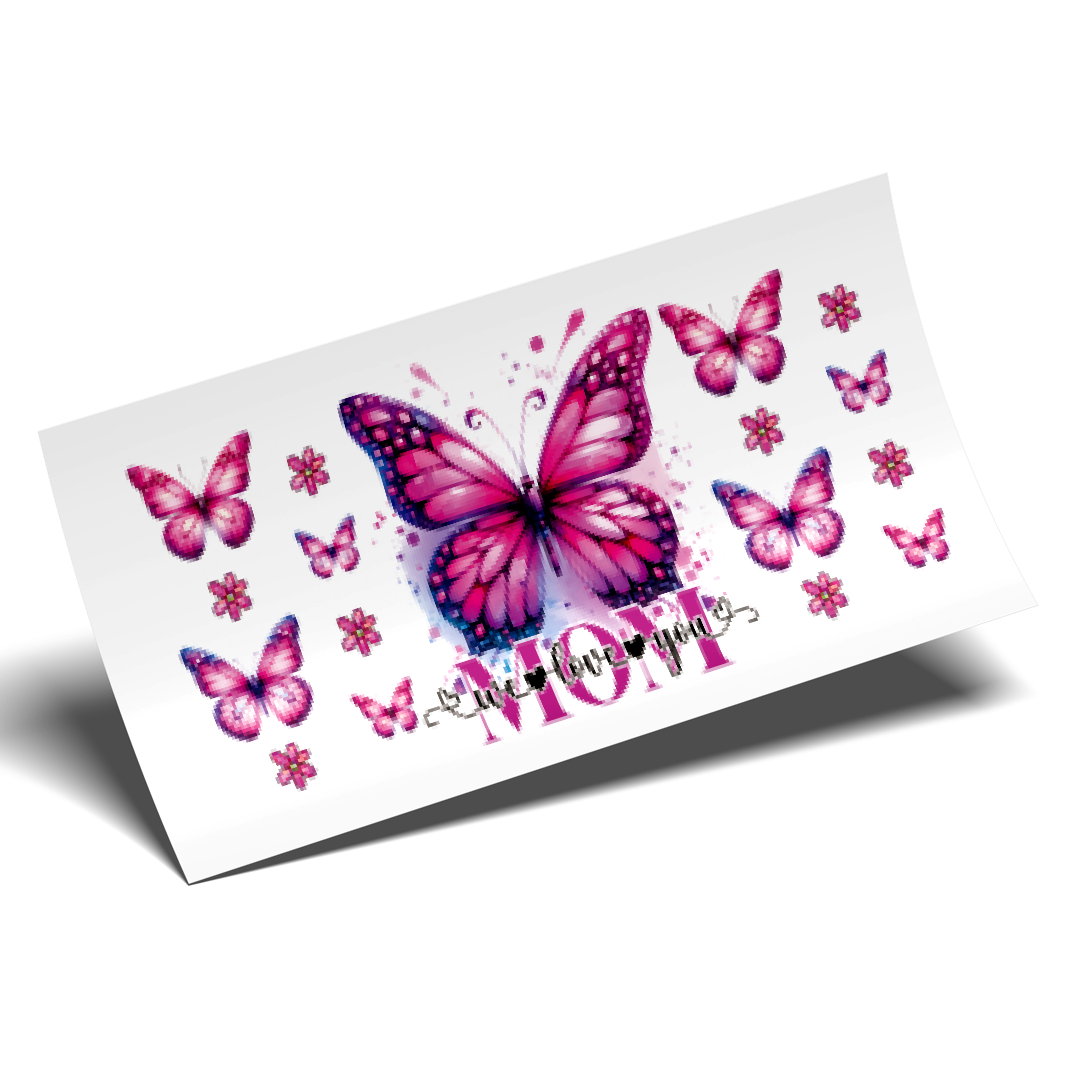 Cup Wrap Stickers UV DTF - WE LOVE YOU MOM Fucsia Butterflies