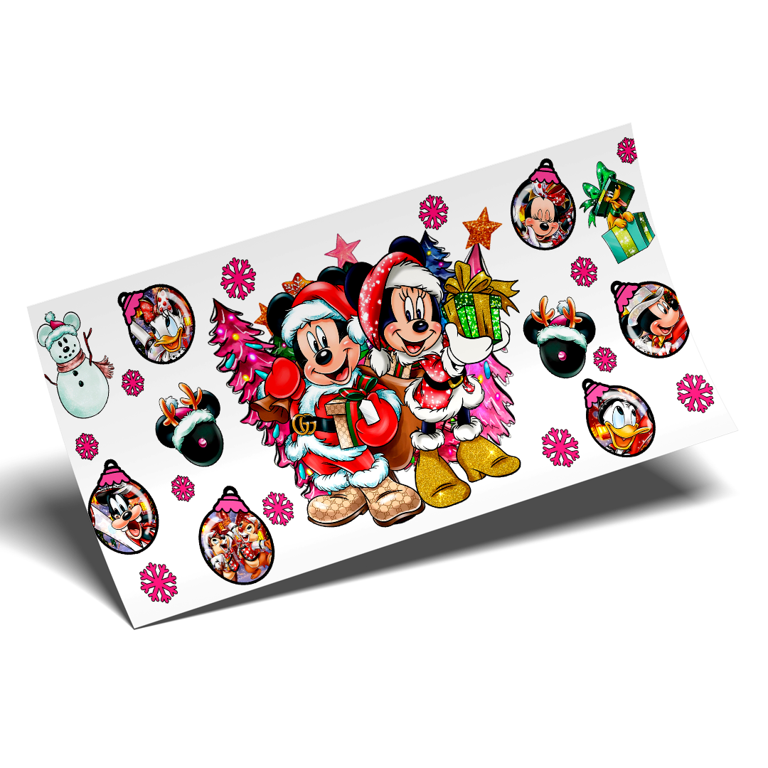 Cup Wrap Sticker - UV DTF transfer Lovely family Mickey and Minnie pink Christmas