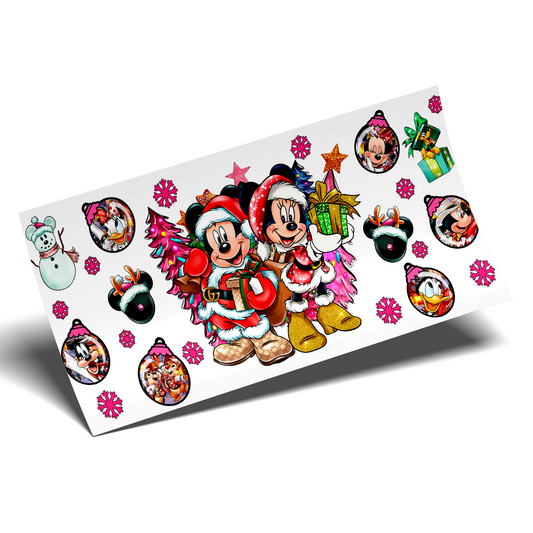 Cup Wrap Sticker - UV DTF transfer Lovely family Mickey and Minnie pink Christmas