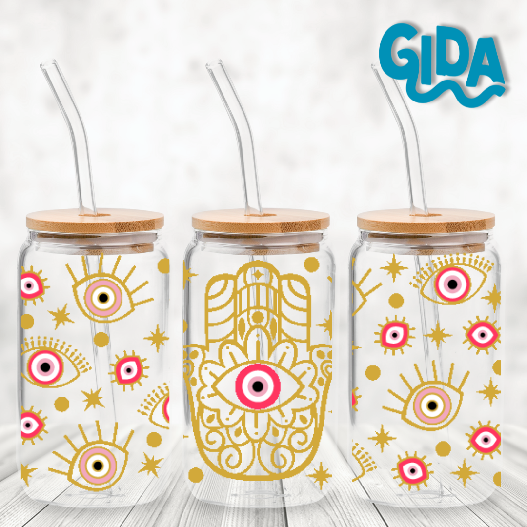 UV DTF - Pink Evil Eyes Big Hamsa libbey cup Wrap
