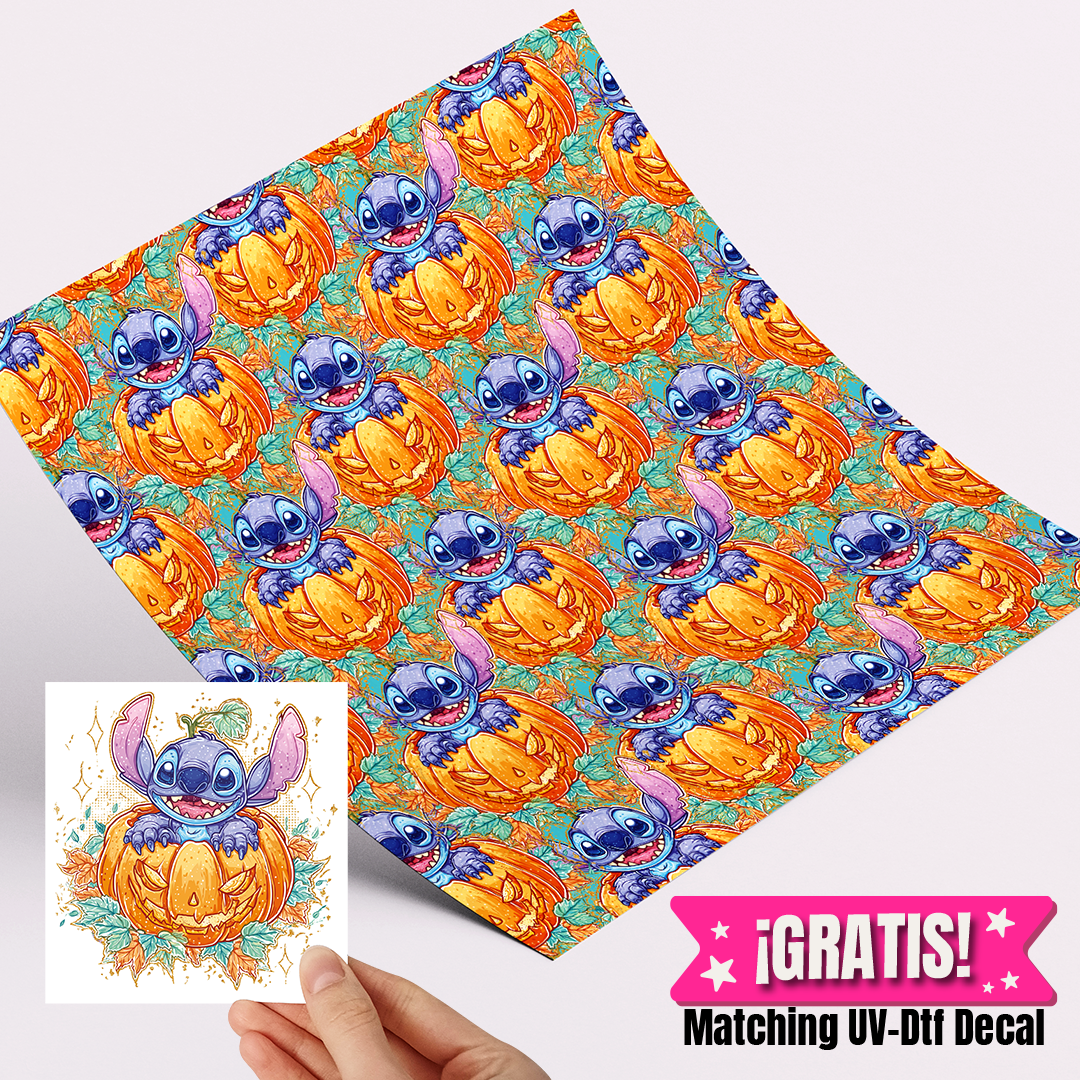 High Quality Printed Adhesive Vinyl – Permanent Finish 12x12" Stitch pumpkin / Free Uvdtd decal