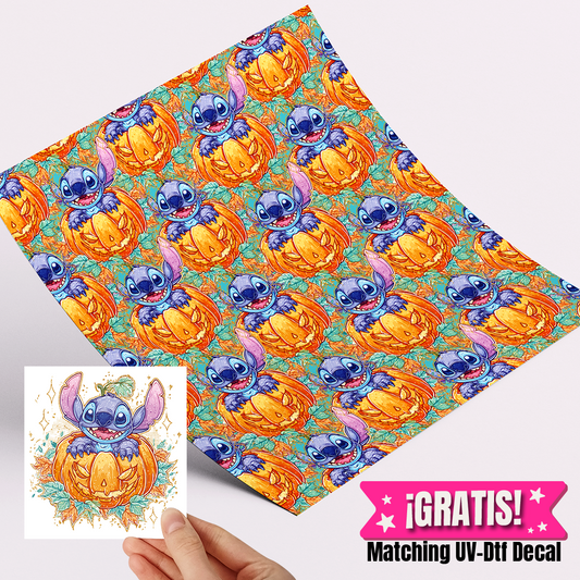 High Quality Printed Adhesive Vinyl – Permanent Finish 12x12" Stitch pumpkin / Free Uvdtd decal