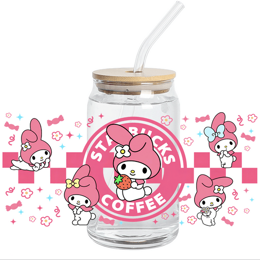 UV DTF Wrap - Pink CHECKERED mini Melody coffee Libbey Wrap