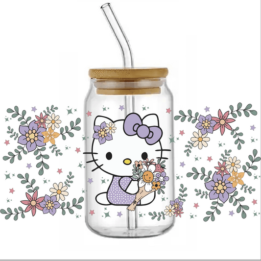 UV DTF - Purple Flowers Cute Kitty libbey cup Wrap