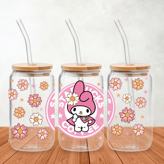 Cup Wrap UV DTF Stickers Wrap - Libbey PINK Hello Cat Glass Can Wrap 12 oz