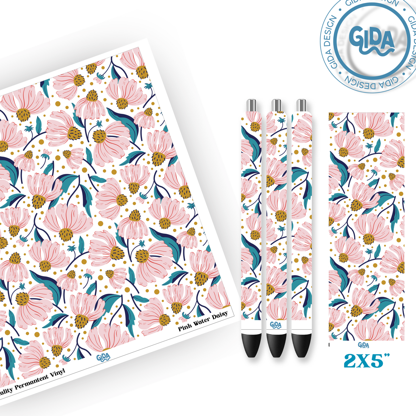 Pen Wrap Pink Water Daisy Patterned Vinyl