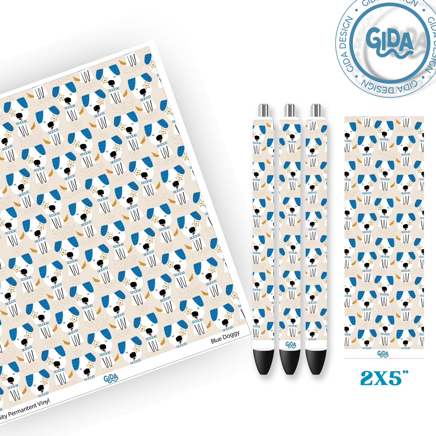 Pen Wrap Blue Doggy Patterned Vinyl