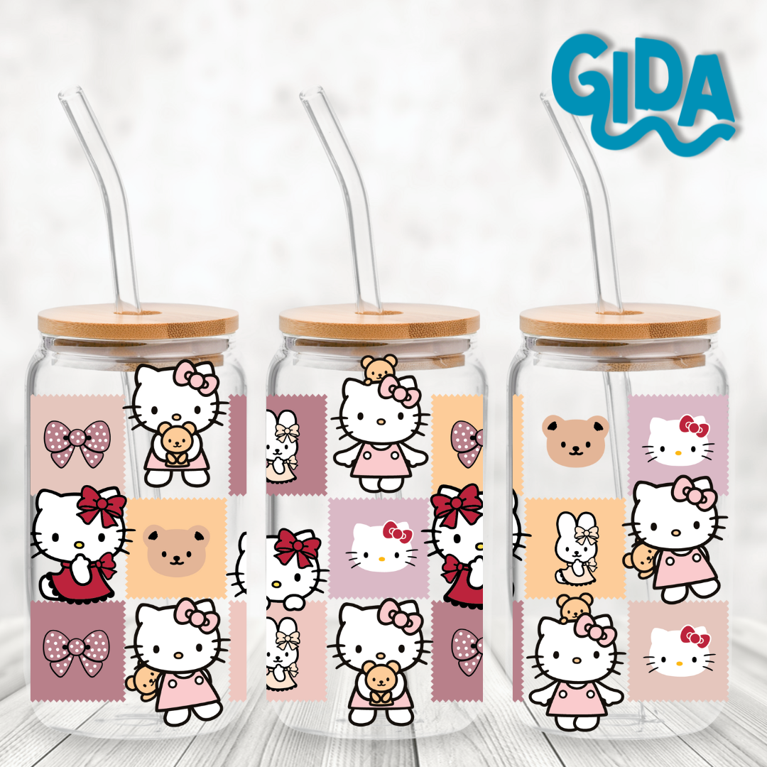 UV DTF - 16 oz Hello kitty Checkered Nude libbey cup Wrap