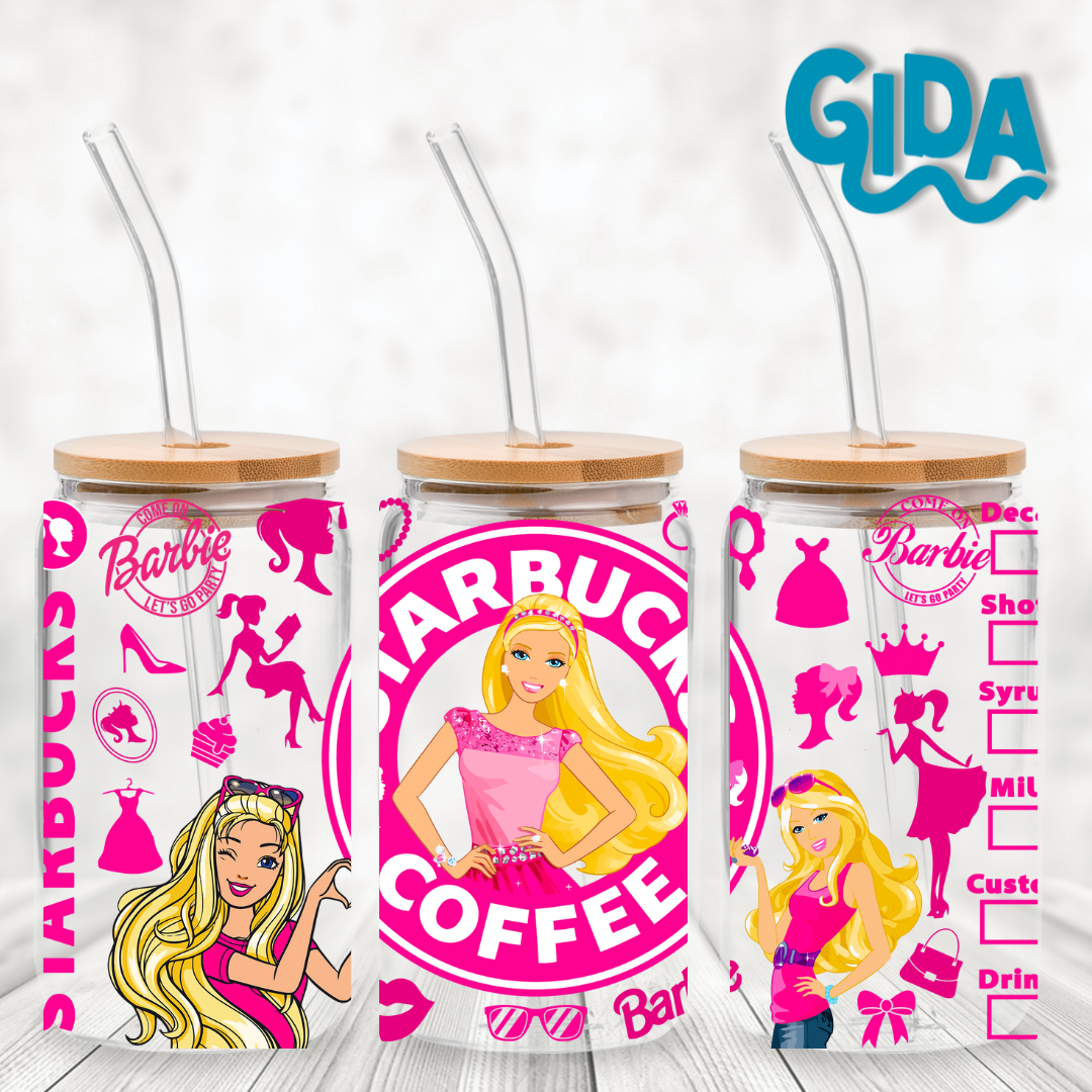 Cup Wrap UV DTF Stickers Wraps  -  Barbie caricatura con logo Libbey cup Wrap