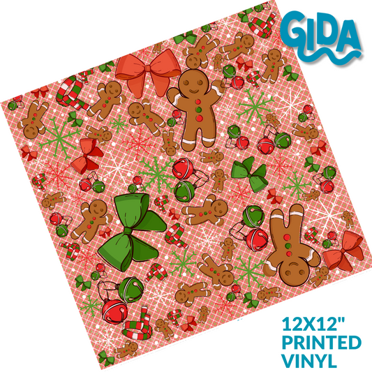 Gingerbread Man Cookies, Bows Christmas 12x12" Printed Permanent Vinyl