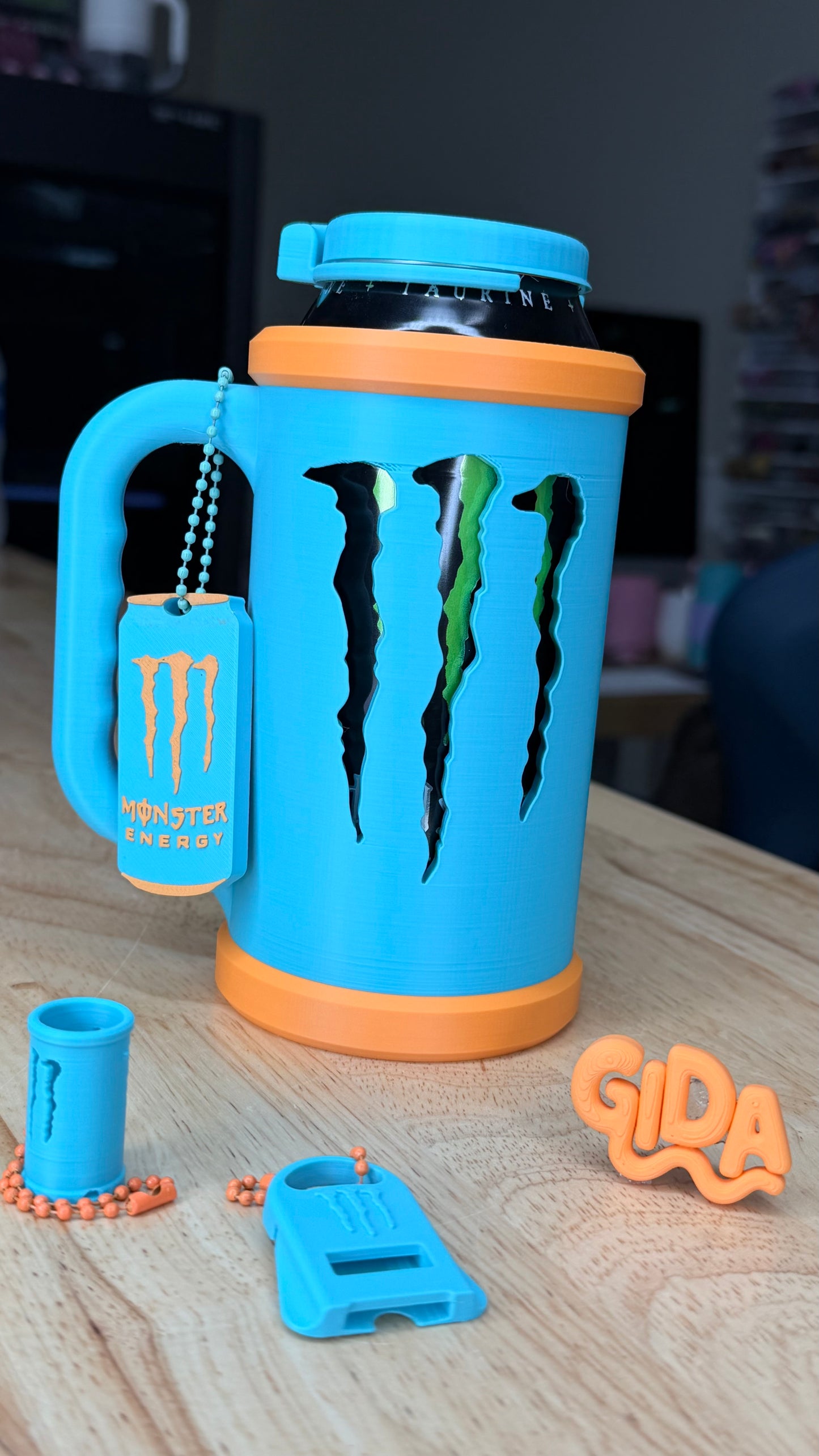 Orange and blue 3D Printed customized Can cooler set: lid, keychain and opener MONSTER SIZE 16 OZ