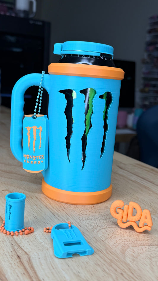 Orange and blue 3D Printed customized Can cooler set: lid, keychain and opener MONSTER SIZE 16 OZ