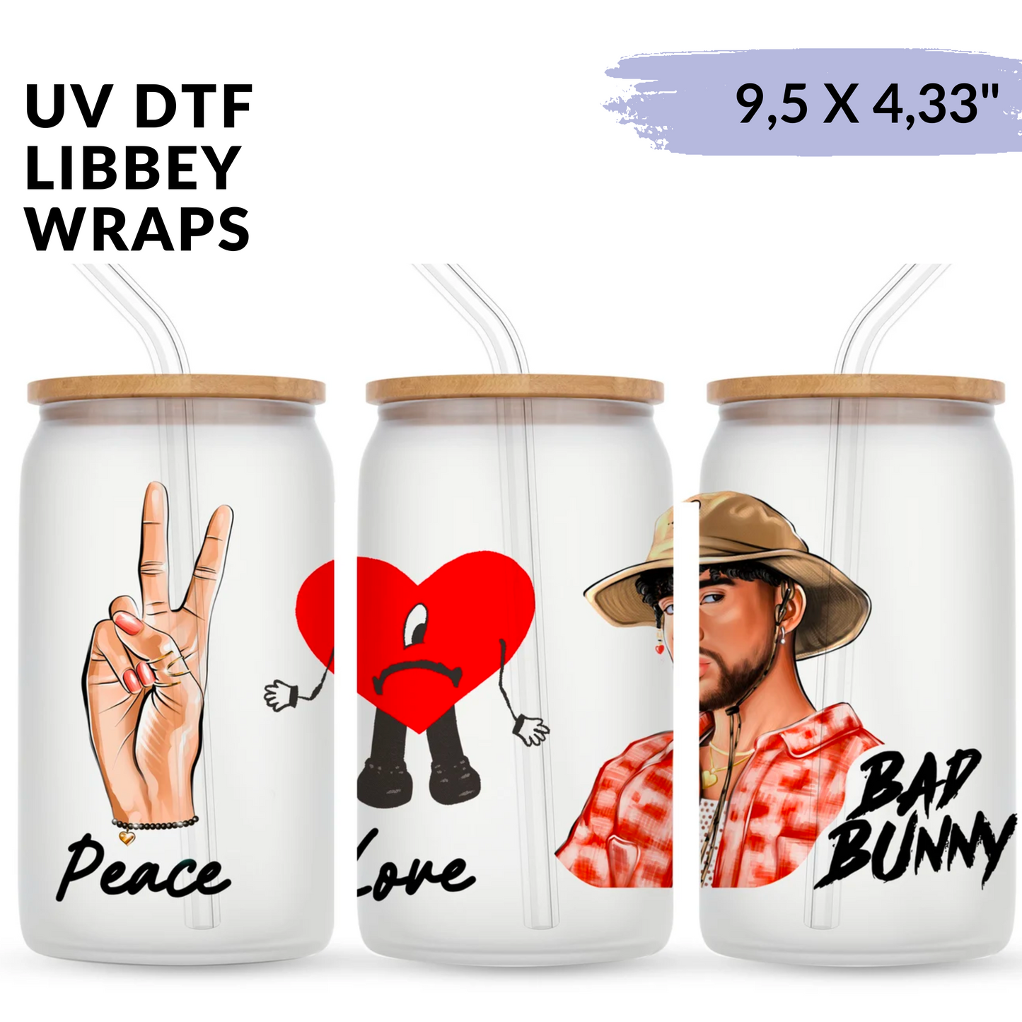 Cup Wrap Uv Dtf Sticker - Peace and Love Bad bunny libbey cup Wrap