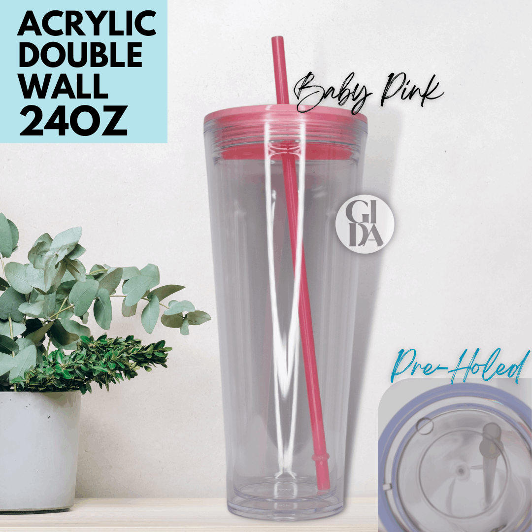 24 OZ Acrylic Double Wall Cup / PRE HOLED. Great for Snowglobes Tumblers. - GIDA DESIGN 