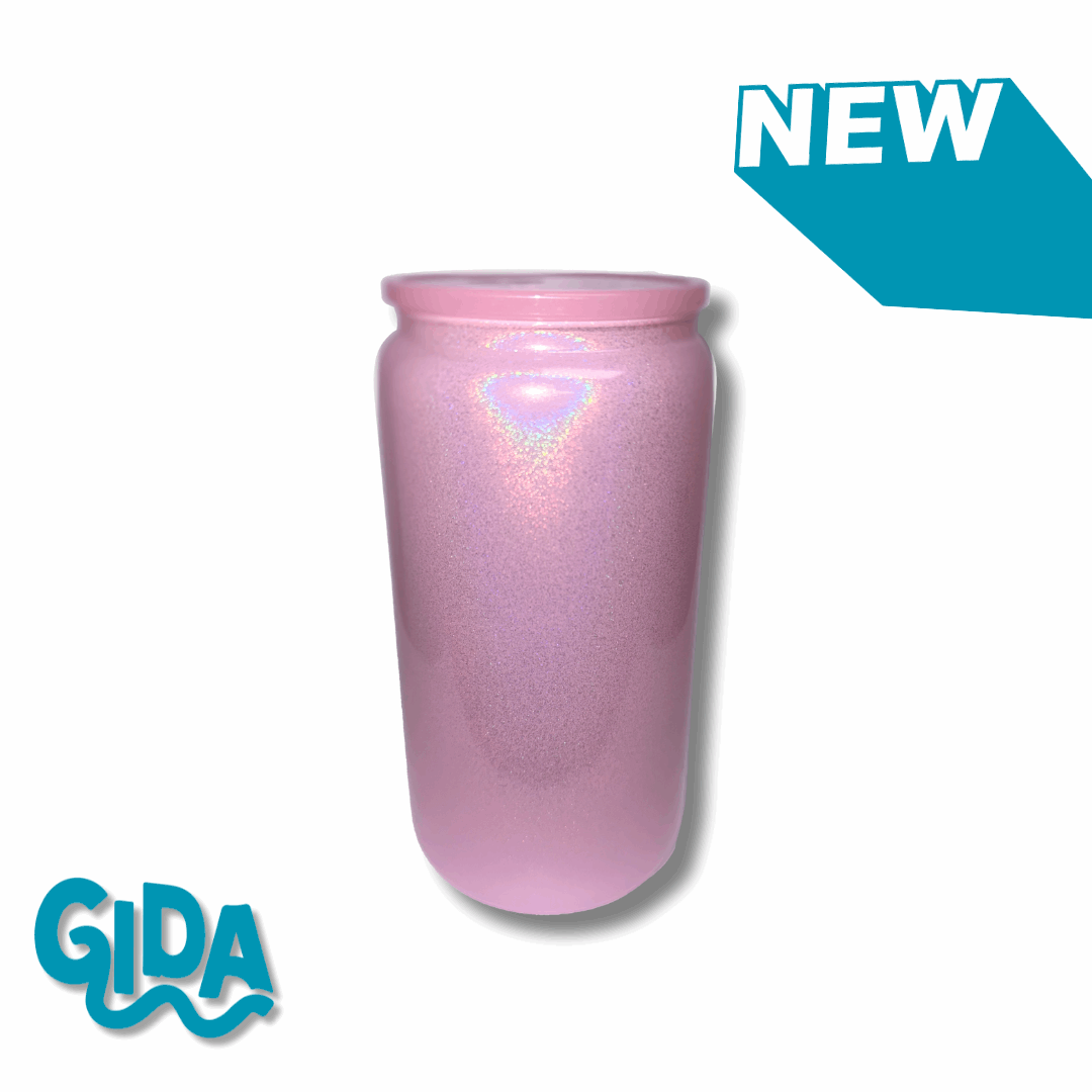 Shimmer 16 oz Glass Can, suitable for UVDTF and VINYL stickers, sublimation printing, available in five colors: Baby Pink, Purple, Hot Pink, Mint, and White. Features vibrant prints, an eco-friendly glass straw, and customization options with UV DTF stickers. Ideal for personalized gifts and eco-conscious daily use.