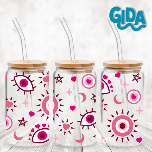 UV DTF - Pink Turkish Eyes, hearts and stars libbey cup Wrap