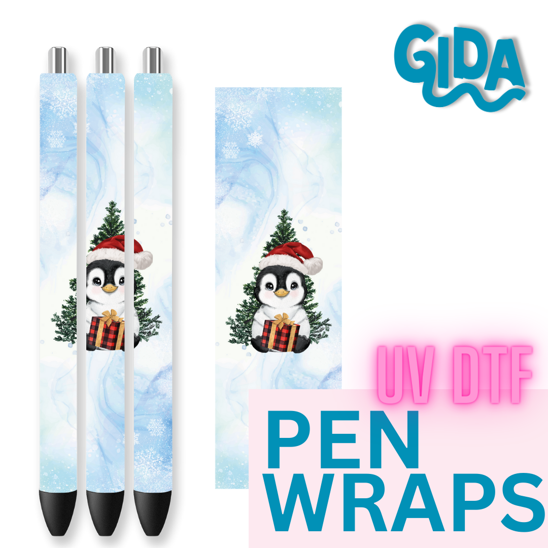UV DTF - Blue Snowflakes Penguin Pen Wrap