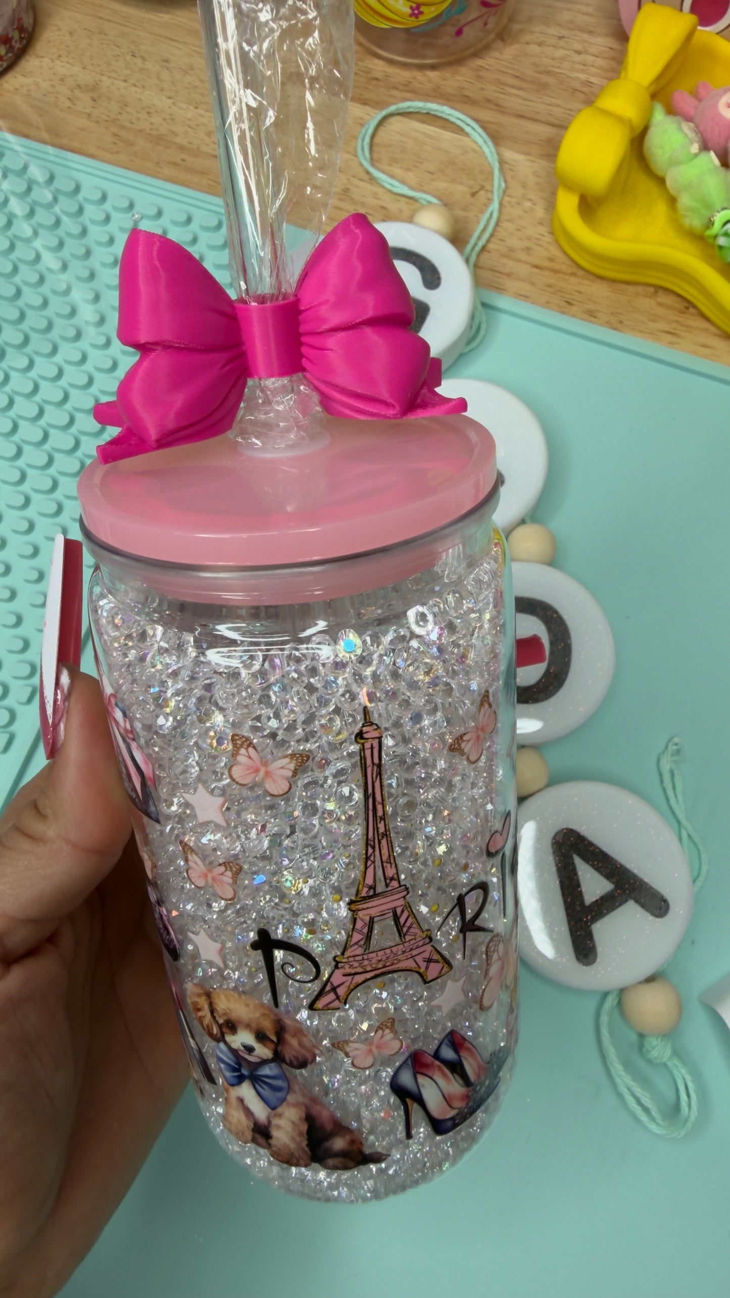 Paris Rhinestones Libbey Acrylic Cup 16 oz – Bling Iced Coffee Glass, Handmade Decorated Tumbler, Ready to Ship