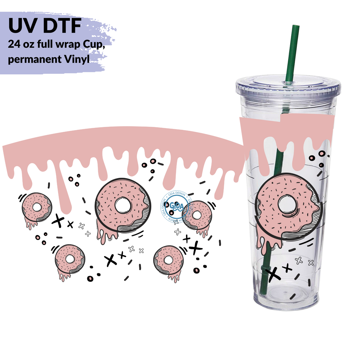 UV DTF - Rose Donuts Black XOXO 24 oz Permanent wrap