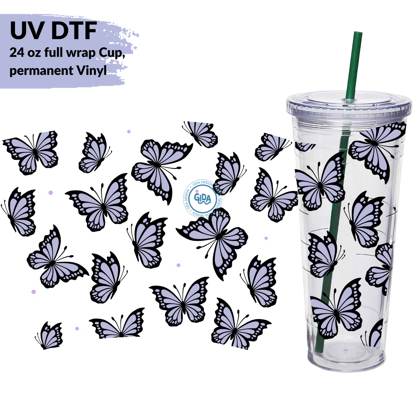 UV DTF - Purple Butterflies and Daisies 24 oz