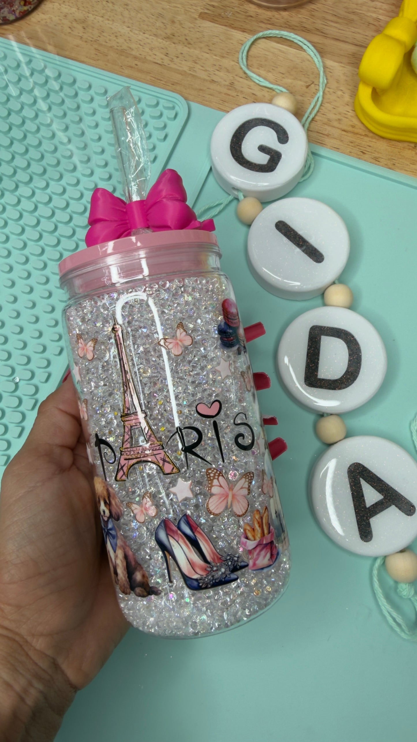Paris Rhinestones Libbey Acrylic Cup 16 oz – Bling Iced Coffee Glass, Handmade Decorated Tumbler, Ready to Ship