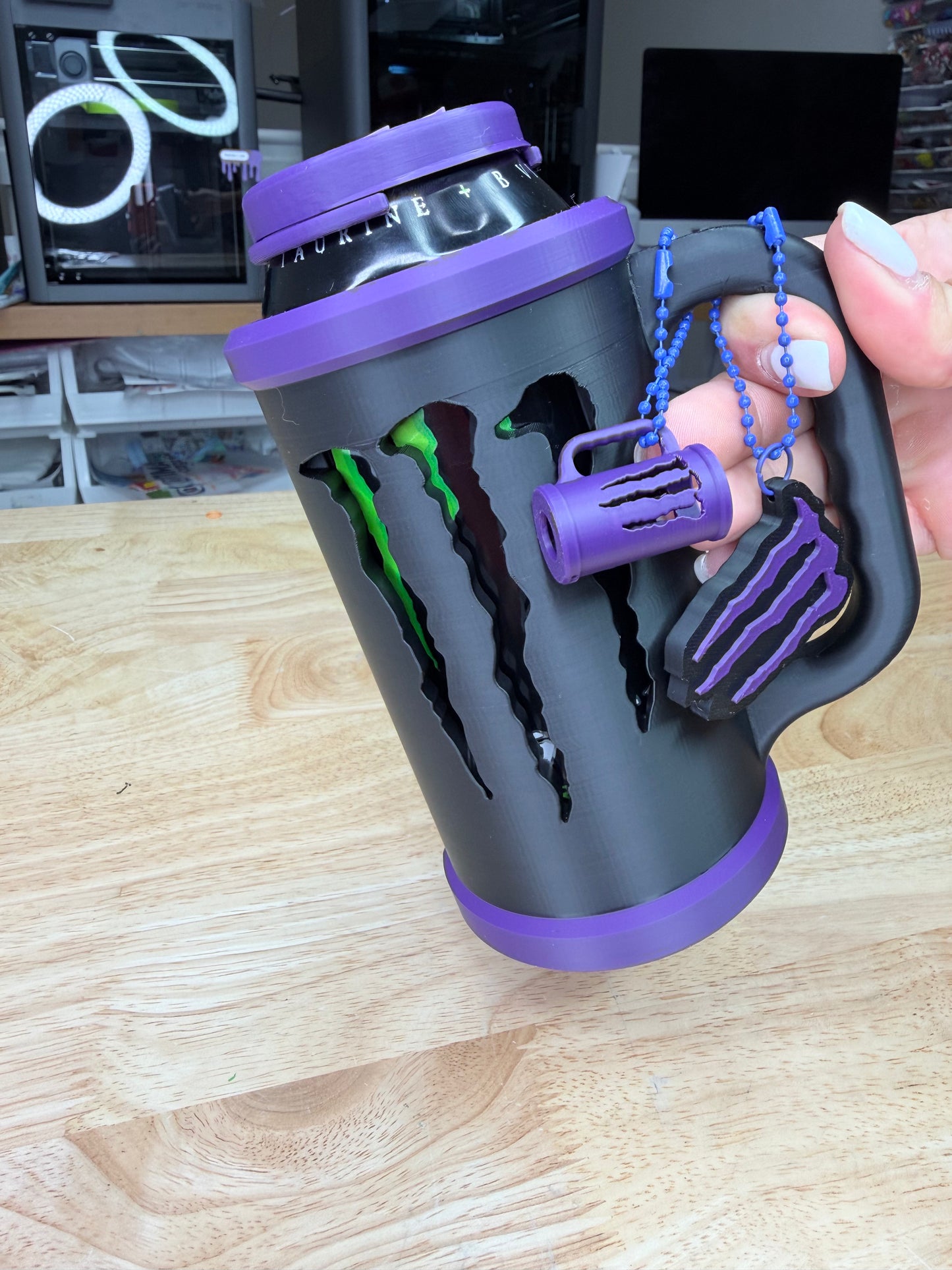 BLACK DEEP PURPLE 3D Printed customized Can cooler set: lid, keychain and opener MONSTER SIZE 16 OZ