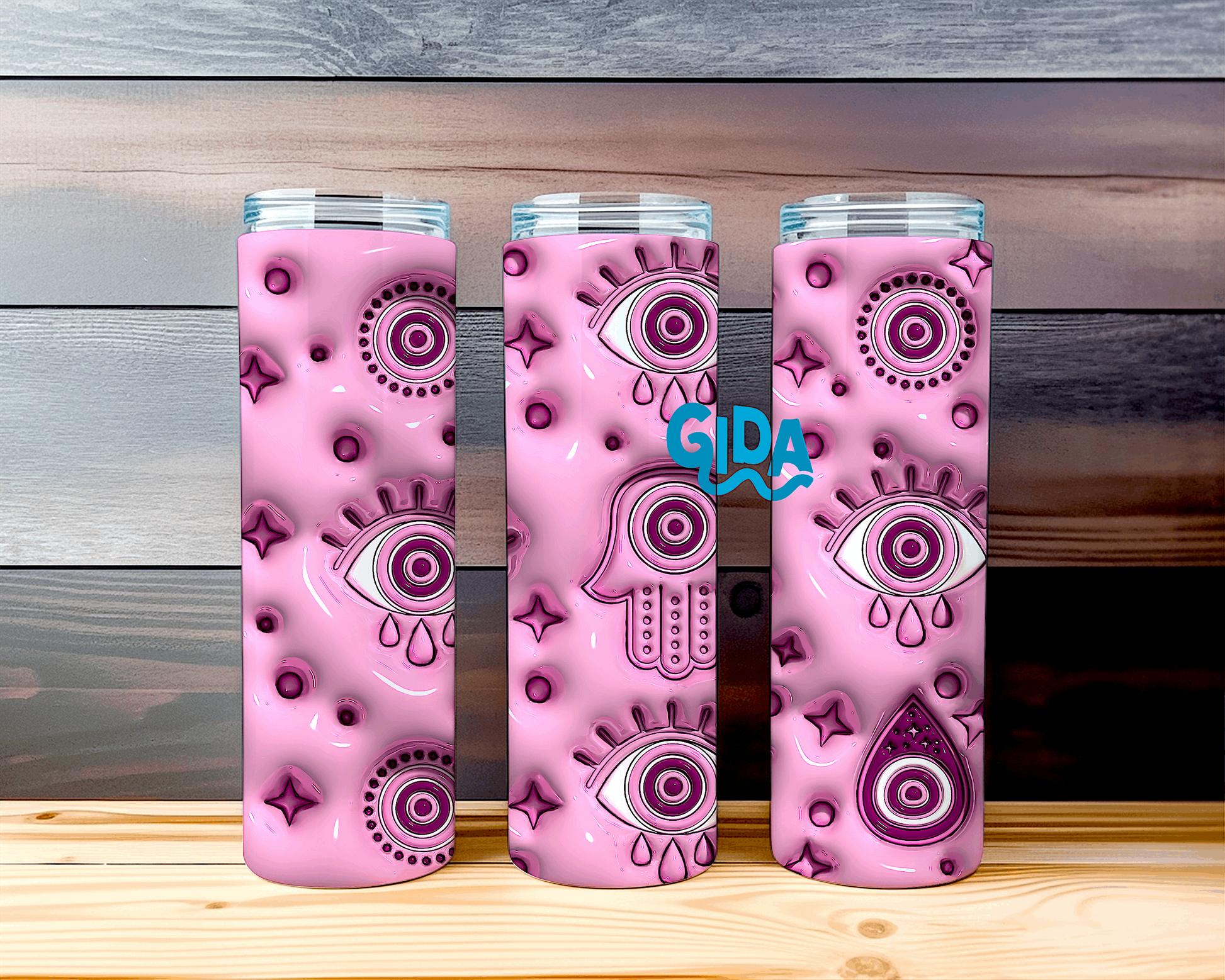 3D Pink Turkish Hamsa and Eyes Straight 20oz Tumbler Wrap Vinyl - Unique Tumbler printed vinyl