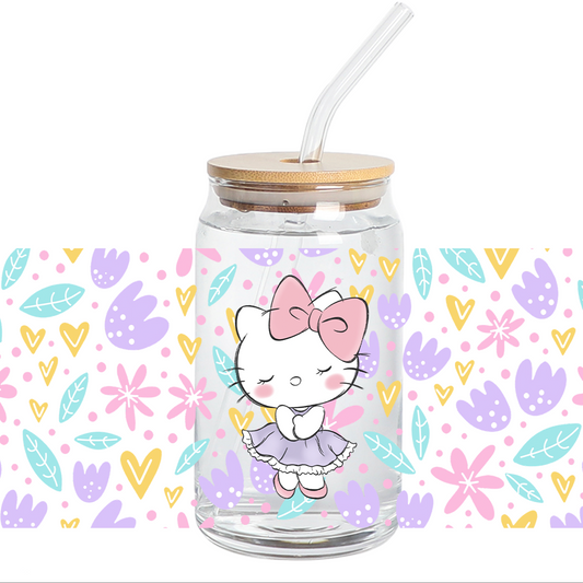 UV DTF WRAP - Florecitas Kitty Girly 16oz  Libbey cup Wrap - Stickers