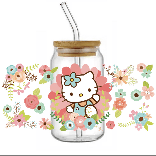 Uv dtf Sticker Wraps - Big Peach Flower Hello kitty Can Wrap 12 oz