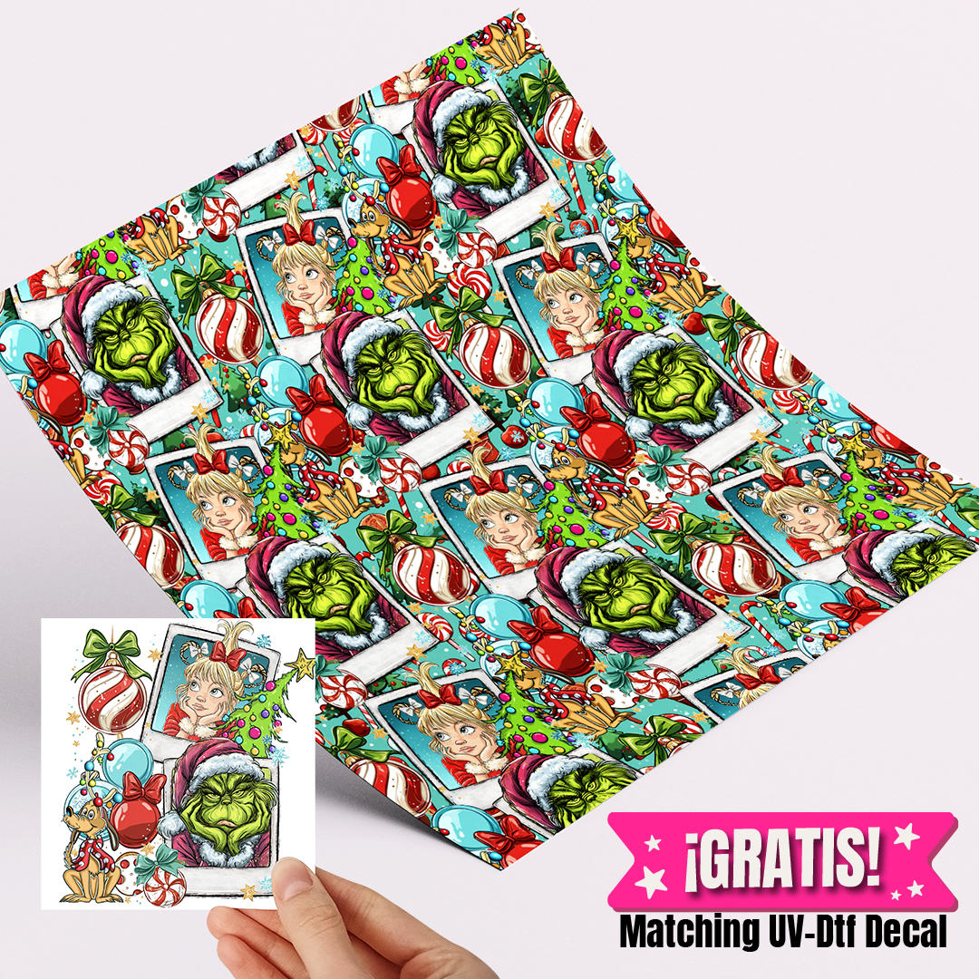 High Quality Printed Adhesive Vinyl – Permanent Finish 12x12" Grinch and Cindy hoo Candy  / Free Uvdtd decal