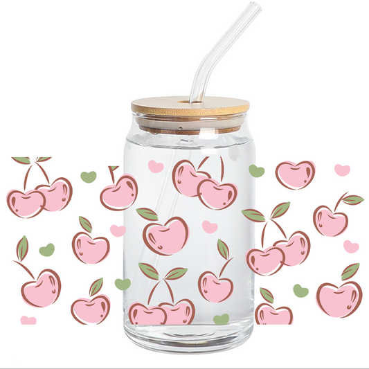 UV DTF Stickers Wraps -  Pink Cherries 16oz Libbey cup Wrap