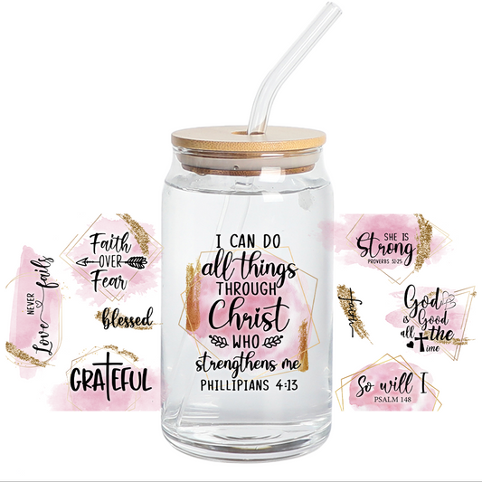 UV DTF Stickers Wrap - I Can do All things God Libbey Wrap