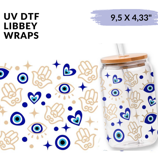 UV DTF Stickers Wraps - Blue Turkish Eyes and little hamsas libbey cup Wrap