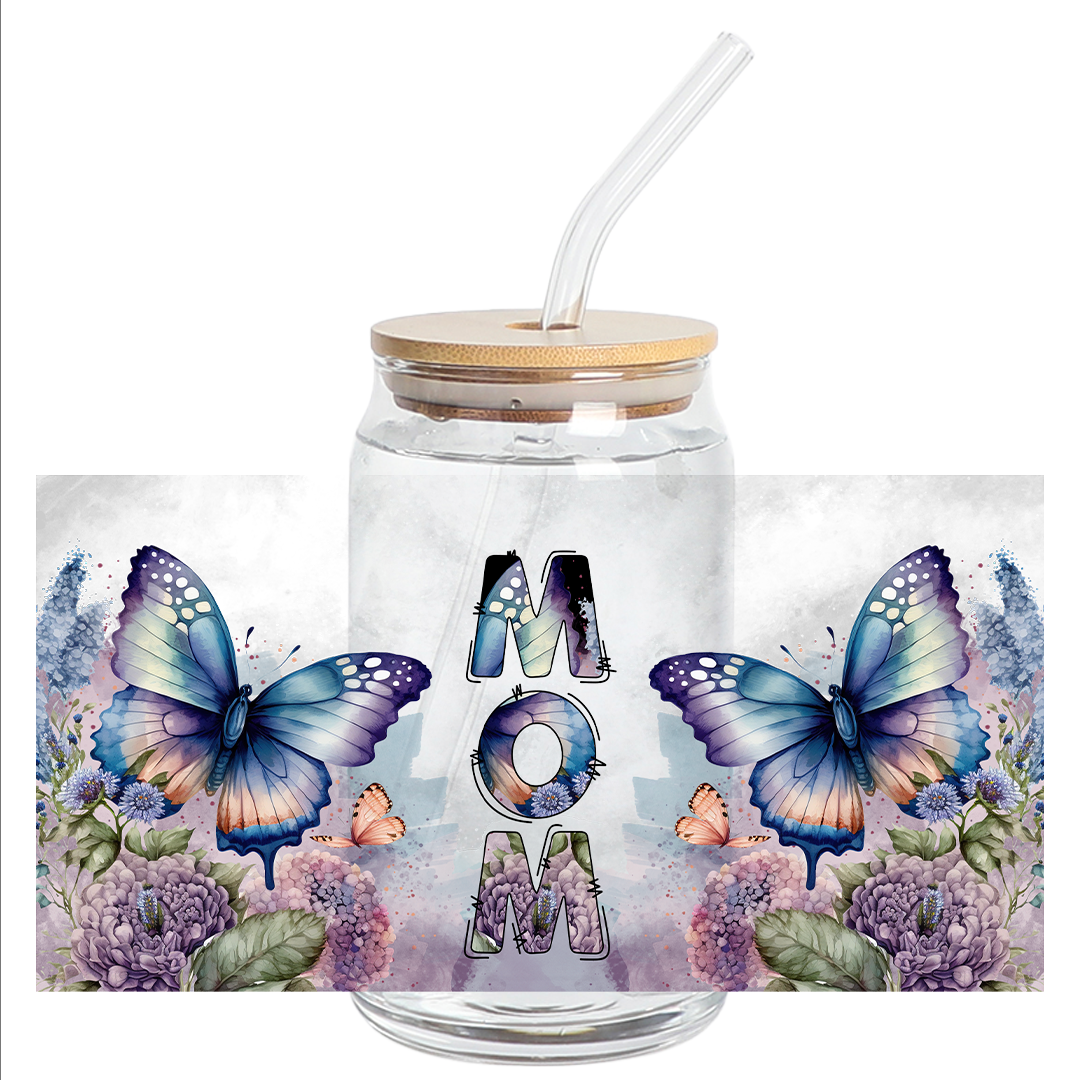 Cup Wrap Uv Dtf Stickers - Mom butterfly Splash background floral Libbey cup Wrap