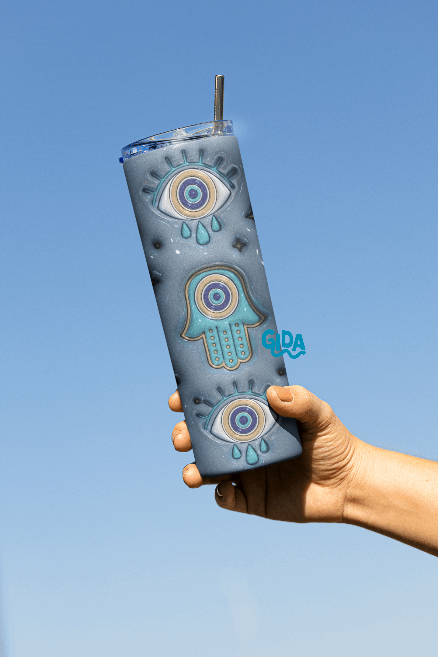 3D - Blue Turkish Hamsa and Eyes  Straight 20oz Tumbler wrap Vinyl