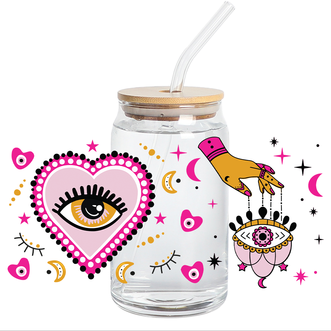 UV DTF - Pink Big Big Hearts Magic Hands 16oz Libbey cup Wrap