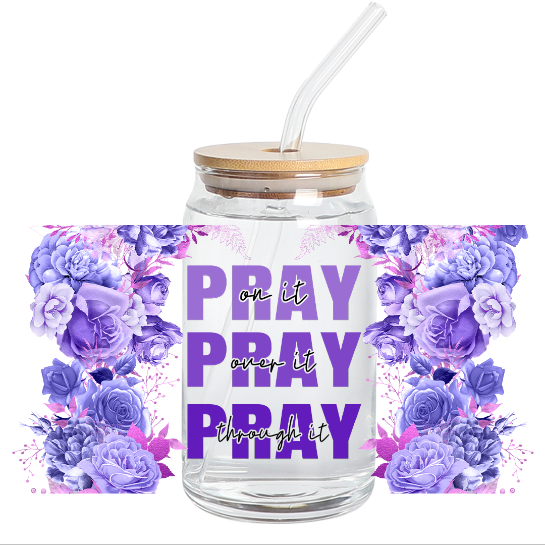 UV DTF Stickers Wrap - Purple Floral Pray Libbey cup Wrap - Stickers