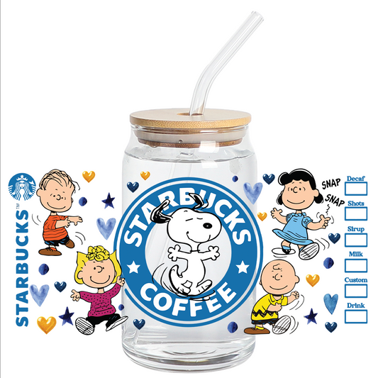 Cup wrap Stickers UV DTF - Blue Coffee Snoppy Glass Can Wrap  LIBBEY 16 oz snoopy