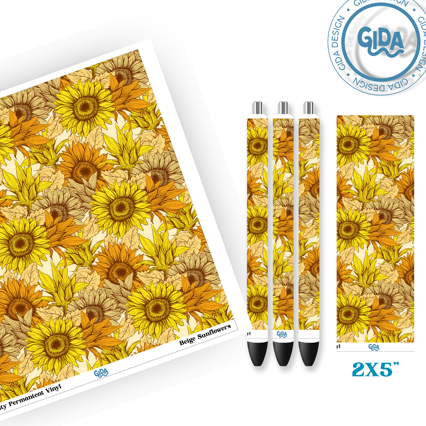 Pen Wrap Beige Sunflowers Patterned Vinyl