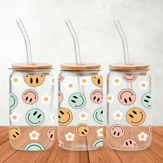Uv dtf sticker / wrap - Happy faces & daisies Glass Can Wrap 12 oz